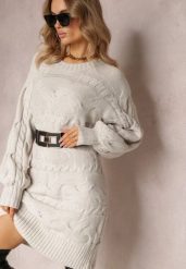 Jasnoszary Długi Sweter Oversize z Wypukłym Splotem All Over Somet. Szare swetry damskie Renee, bez wzorów, ze splotem, casualowe, bez kołnierzyka, bez ramiączek, długie, bez kaptura. Za 79.99 zł.