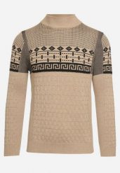 Ciemnobeżowy Sweter Ozdobiony Geometrycznym Wzorem i Ściągaczami Liliatia. Brązowe swetry przez głowę męskie Born2be, m, bez wzorów, bez kołnierzyka. Za 64.99 zł.