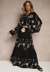 Czarny Wiskozowy Komplet Boho z Koszulą o Nietoperzowym Kroju i Spódnicą Separia. Czarne koszule damskie Renee, l, z aplikacjami, z materiału, boho, dopasowane. Za 169.99 zł.