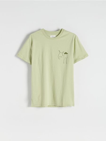 T-shirt regular z merceryzowanej bawełny - oliwkowy. Zielone t-shirty męskie Reserved, l, bez wzorów, z bawełny, bez kołnierzyka. W wyprzedaży za 49.99 zł.