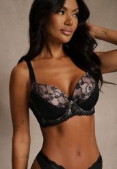 Czarno-Różowy Biustonosz z Koronką i Cyrkoniami Himelodia. Czarne biustonosze Renee, z aplikacjami, z jeansu. Za 39.99 zł.