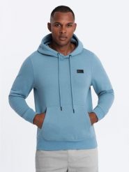 Męska dresowa bluza kangurka z kapturem i metalowym pinem – błękitna V4 - Rozmiar: XXL. Niebieskie bluzy męskie Ombre Clothing, m, bez wzorów, z bawełny, z kapturem. W wyprzedaży za 89.99 zł.