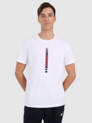 4F T-shirt regular z nadrukiem męski - biały S. Białe t-shirty męskie 4f, m, bez wzorów, z bawełny, bez kołnierzyka. W wyprzedaży za 39.99 zł.