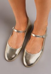 Złote Balerinki z Ekozamszu Zapinane na Sprzączkę Ollna. Żółte baleriny damskie Born2be, bez wzorów, eleganckie, bez obcasa. Za 54.99 zł.