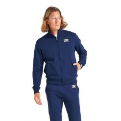 Bluza z zamek błyskawiczny na siłownia na czas wolny. Niebieskie bluzy męskie LEONE 1947 APPAREL, bez wzorów, z bawełny, bez kaptura, na fitness i siłownię. W wyprzedaży za 181.87 zł.