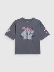 4F T-shirt loose z nadrukiem dziewczęcy - szary 146/152 (10-12 lat). Szare t-shirty i topy dla dziewczynek 4f, z aplikacjami, z bawełny, bez ramiączek. Za 59.99 zł.