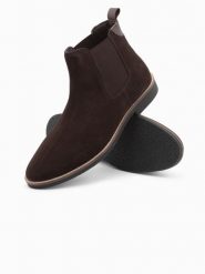 Buty męskie skórzane sztyblety - ciemnobrązowe V1. Brązowe botki męskie Ombre Clothing, bez wzorów, z gumy, eleganckie, bez zapięcia. W wyprzedaży za 99.99 zł.