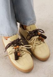 Żółte Sneakersy Typu Klasyczne Tenisówki Retro z Podwójnym Wiązaniem z Frędzlami Kotena. Żółte trampki i tenisówki damskie Renee, bez wzorów, z jeansu, casualowe, bez zapięcia. Za 99.99 zł.