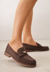 Ciemnobrązowe Mokasyny VICES z Wkładką ze Skóry Naturalnej i Metaliczną Aplikacją Nanora. Brązowe mokasyny damskie Born2be, z materiału, klasyczne. Za 89.99 zł.