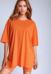 Pomarańczowy Bawełniany T-shirt Koszulka z Krótkim Rękawem Bevima. Brązowe bluzki damskie Born2be, bez wzorów, z bawełny, bez kołnierzyka. Za 59.99 zł.