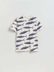 T-shirt comfort z nadrukiem allover - beżowy. Brązowe t-shirty męskie Reserved, l, bez wzorów, z bawełny, bez kołnierzyka. Za 59.99 zł.