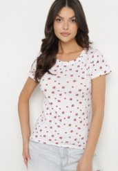 Biały Bawełniany T-shirt w Kwiatowy Wzór Savele. Białe bluzki damskie Born2be, l, z aplikacjami, z bawełny, biznesowe, bez kołnierzyka. Za 29.99 zł.