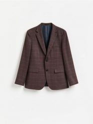 Marynarka slim fit z dodatkiem wiskozy - mahoniowy. Brązowe marynarki męskie Reserved, bez wzorów, z tkaniny. Za 359.99 zł.