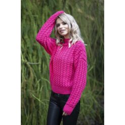 Różowy Klasyczny Sweter w Warkocze z Półgolfem. Swetry damskie marki Molly.pl. Za 149.90 zł.