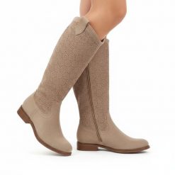 Kozaki damskie S.Barski, cholewka z materiału zapinane na suwak elegancki fason w stylu boho, beżowe, HY61-8022. Brązowe kozaki damskie S.BARSKI, bez obcasa. Za 209.00 zł.