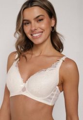 Jasnobeżowy Biustonosz Koronkowy z Kokardkami Themikaia. Brązowe biustonosze Born2be, bez wzorów, z jeansu. Za 39.99 zł.