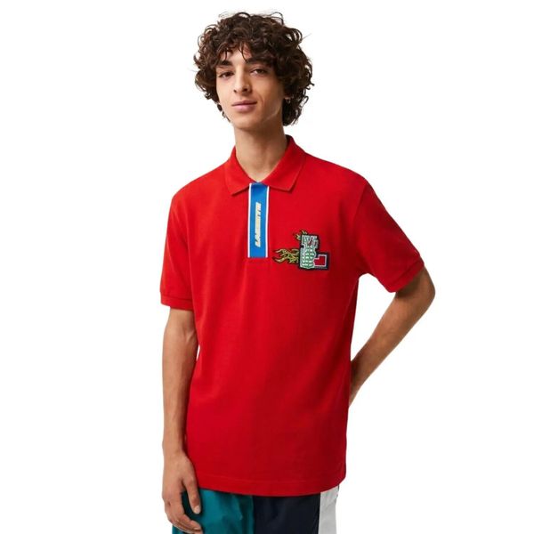 Koszulka męska Lacoste. Czerwone koszulki polo męskie Lacoste, m, z aplikacjami, z bawełny, eleganckie, bez ramiączek. Za 397.00 zł.