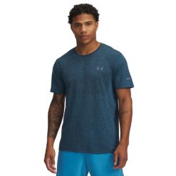 Treningowy top Under Armour Seamless Stride. Niebieskie koszulki sportowe męskie Under Armour, bez wzorów, bez kołnierzyka, bez ramiączek, do biegania. Za 276.50 zł.