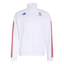 Kurtka dresowa damska Francja 2026/27. Białe bluzy sportowe damskie Adidas, bez wzorów, z dresówki, bez kaptura, do piłki ręcznej. Za 374.50 zł.