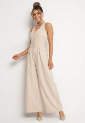 Beżowy Kombinezon Taliowany Ozdobiony Guzikami Niladwenna. Brązowe sukienki damskie Born2be, m, bez wzorów, eleganckie, bez kołnierzyka, bez ramiączek. Za 129.99 zł.