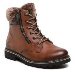 Trzewiki Remonte. Brązowe botki damskie Remonte, bez obcasa, na płaskiej podeszwie, bez zapięcia. Za 431.00 zł.