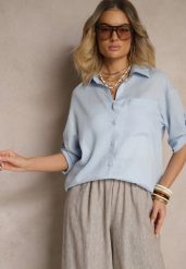Jasnoniebieska Koszula Oversize Wiskozowo-Lniana z Kieszonką Lialenea. Niebieskie koszule damskie Renee, m, bez wzorów, z jeansu, biznesowe, bez kołnierzyka, bez ramiączek. Za 54.99 zł.