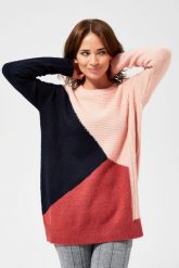 Sweter z łączonych wzorów. Niebieskie swetry damskie MOODO, s, bez wzorów, z elastanu, bez kołnierzyka, bez ramiączek, długie, bez kaptura. W wyprzedaży za 49.99 zł.