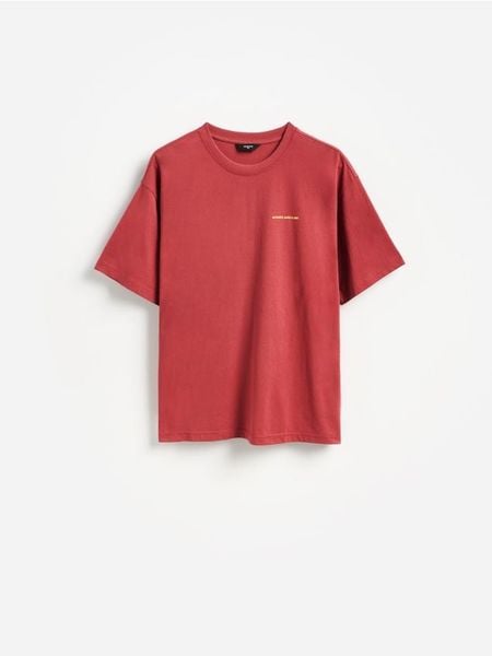 Bawełniany t-shirt boxy - bordowy. Czerwone t-shirty męskie Reserved, l, bez wzorów, z bawełny, bez kołnierzyka. W wyprzedaży za 39.99 zł.