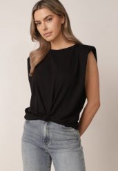 Czarny Bawełniany Top Oversize Bez Rękawów z Wiązaniem i Poduszkami w Ramionach Apixie. Czarne koszule damskie Born2be, bez wzorów, z bawełny, eleganckie, bez kołnierzyka, bez ramiączek. Za 69.99 zł.