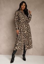 Panterkowa Panterkowa Sukienka z Wiskozą o Koszulowym Kroju z Wiązaniem Saros. Sukienki damskie Renee, na randkę, l, bez wzorów, z tkaniny, bez kołnierzyka, bez ramiączek, maxi, koszulowe. Za 109.99 zł.