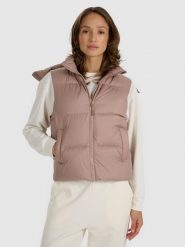 4F Bezrękawnik puchowy z naturalnym wypełnieniem damski - beżowy L. Brązowe płaszcze damskie 4f, na zimę, l, bez wzorów, z materiału, eleganckie, krótkie, bez kaptura. Za 499.99 zł.