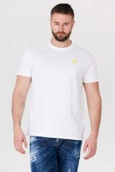 GUESS Biały bawełniany t-shirt męski z żółtym logo, Rozmiar M. Białe t-shirty męskie Guess, m, z aplikacjami, z bawełny, bez kołnierzyka. W wyprzedaży za 95.99 zł.