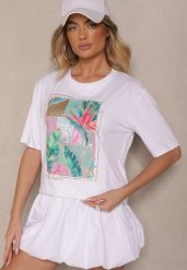 Biały T-shirt z Bawełny Ozdobiony Brokatem Isadelle. Białe bluzki damskie Renee, m, bez wzorów, z bawełny, klasyczne, bez kołnierzyka. Za 39.99 zł.
