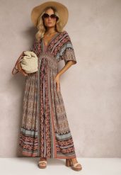 Brązowa Sukienka w Stylu Etnicznym z Gumką w Pasie Wiązana na Plecach Lixara. Brązowe sukienki damskie Renee, l, bez wzorów, boho, bez kołnierzyka, bez ramiączek, maxi, oversize. Za 59.99 zł.