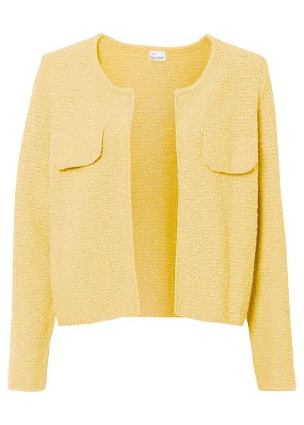 Kardigan z przędzy bouclé. Żółte kardigany damskie bonprix, bez wzorów, klasyczne, krótkie. Za 124.99 zł.