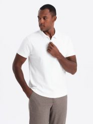 Męska koszulka polo z kołnierzykiem zapinanym na zamek – biała V1 OM-POSS-0132 - XXL. Białe koszulki polo męskie Ombre Clothing, l, z aplikacjami, z bawełny, eleganckie, bez ramiączek. W wyprzedaży za 49.99 zł.