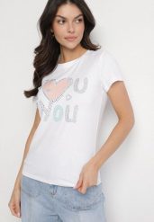Biały Bawełniany T-shirt z Sercem i Napisem Olirwenna. Białe bluzki damskie Born2be, m, bez wzorów, z bawełny, bez kołnierzyka. Za 34.99 zł.