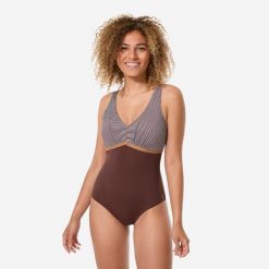 Strój jednoczęściowy do aquafitness damski Nabaiji Rosy. Brązowe kostiumy jednoczęściowe damskie Decathlon, l, bez wzorów, z materiału, sportowe, do pływania. Za 139.99 zł.