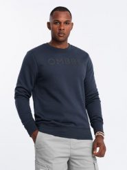 Klasyczna bluza dresowa męska z napisem – granatowa V3 OM-SSPS-0181 - XXL. Niebieskie bluzy męskie Ombre Clothing, l, bez wzorów, z bawełny, bez kaptura. Za 95.99 zł.