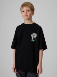 4F T-shirt loose z nadrukiem chłopięcy - czarny 134/140 (8-10 lat). Czarne t-shirty dla chłopców 4f, bez wzorów, z bawełny, bez ramiączek. Za 59.99 zł.