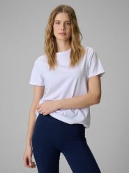 4F T-shirt regular gładki damski - biały S. Białe t-shirty damskie 4f, s, bez wzorów, z materiału, klasyczne, bez kołnierzyka. Za 49.99 zł.
