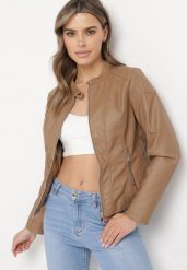 Brązowa Kurtka Ramoneska z Ekoskóry z Zapięciem pod Szyją Ariaruba. Brązowe kurtki damskie Born2be, l, bez wzorów, z jeansu, bez kaptura. Za 159.99 zł.
