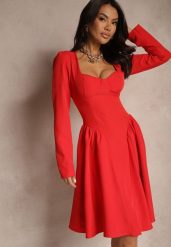 Czerwona Sukienka o Rozkloszowanym Kroju z Gorsetową Górą Tillitte. Czerwone sukienki damskie Renee, na co dzień, m, bez wzorów, eleganckie, bez kołnierzyka, bez ramiączek, midi, dopasowane. Za 99.99 zł.