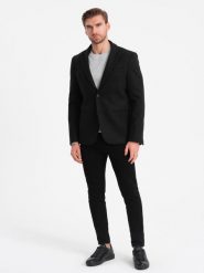 Marynarka męska casual z ozdobnymi guzikami na mankietach - czarna V3 OM-BLZB-0118 - XXL. Czarne marynarki męskie Ombre Clothing, bez wzorów, casualowe. W wyprzedaży za 149.99 zł.