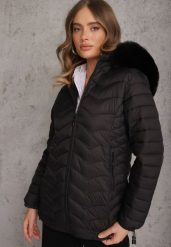 Czarna Przejściowa Kurtka z Pikowaniem Bocznymi Ściągaczami i Kapturem Fezizia. Czarne kurtki damskie Renee, l, bez wzorów, z jeansu. Za 159.99 zł.
