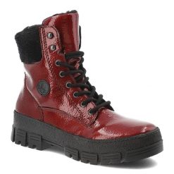 Czerwone Botki Rieker Lakierowane Buty Damskie. Czerwone kozaki damskie Rieker, z lakierowanej skóry, bez obcasa. Za 399.00 zł.