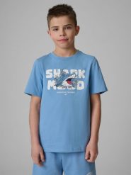 4F T-shirt regular z nadrukiem chłopięcy - niebieski 140 (9-10 lat). Niebieskie t-shirty dla chłopców 4f, bez wzorów, z bawełny, bez ramiączek. Za 49.99 zł.