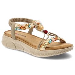 Sandały damskie Artiker, cholewka z materiału eleganckie dodatki na płaskiej podeszwie, beżowe, 58C0001. Brązowe klapki damskie Artiker, bez wzorów, eleganckie, bez obcasa, na platformie. Za 169.00 zł.