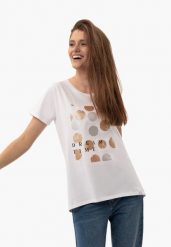 Koszulka z błyszczącym nadrukiem T-NETTA. Białe t-shirty damskie Volcano, m, bez wzorów, z bawełny, glamour, bez kołnierzyka. Za 59.99 zł.