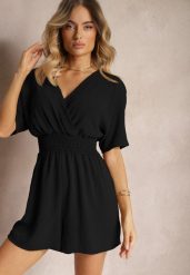 Czarny Kombinezon Kopertowy z Gumką w Pasie Fandrea. Czarne sukienki damskie Renee, bez wzorów, z jeansu, eleganckie, bez kołnierzyka, bez ramiączek, kopertowe. Za 44.99 zł.